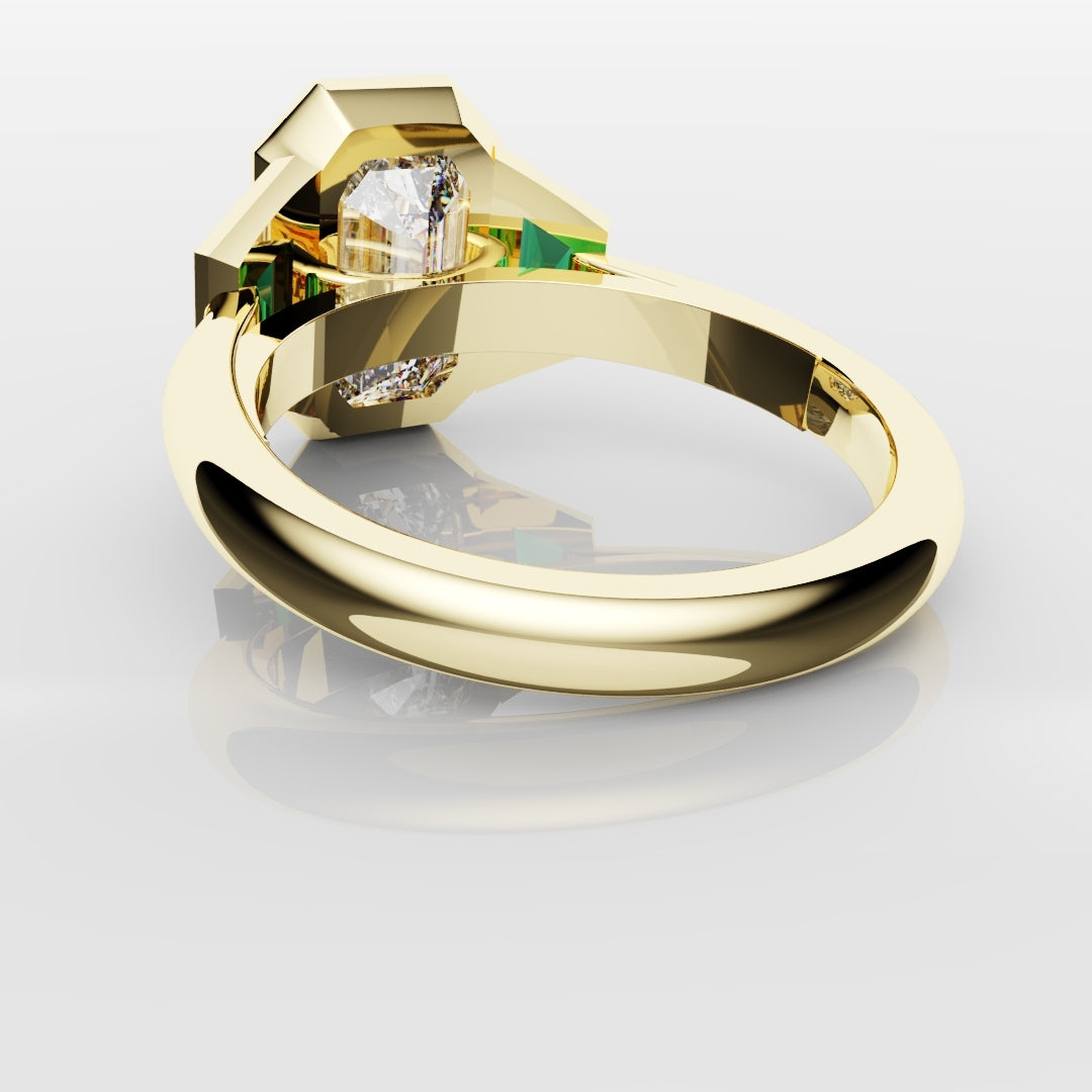 Emerald Cut Trilogy Engagement Ring With Green Emerald Trapezoids