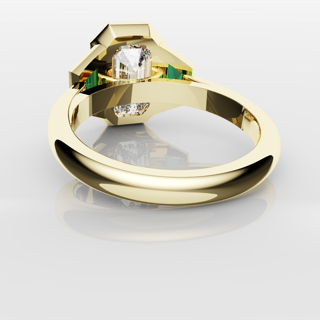 Emerald Cut Trilogy Engagement Ring With Green Emerald Trapezoids