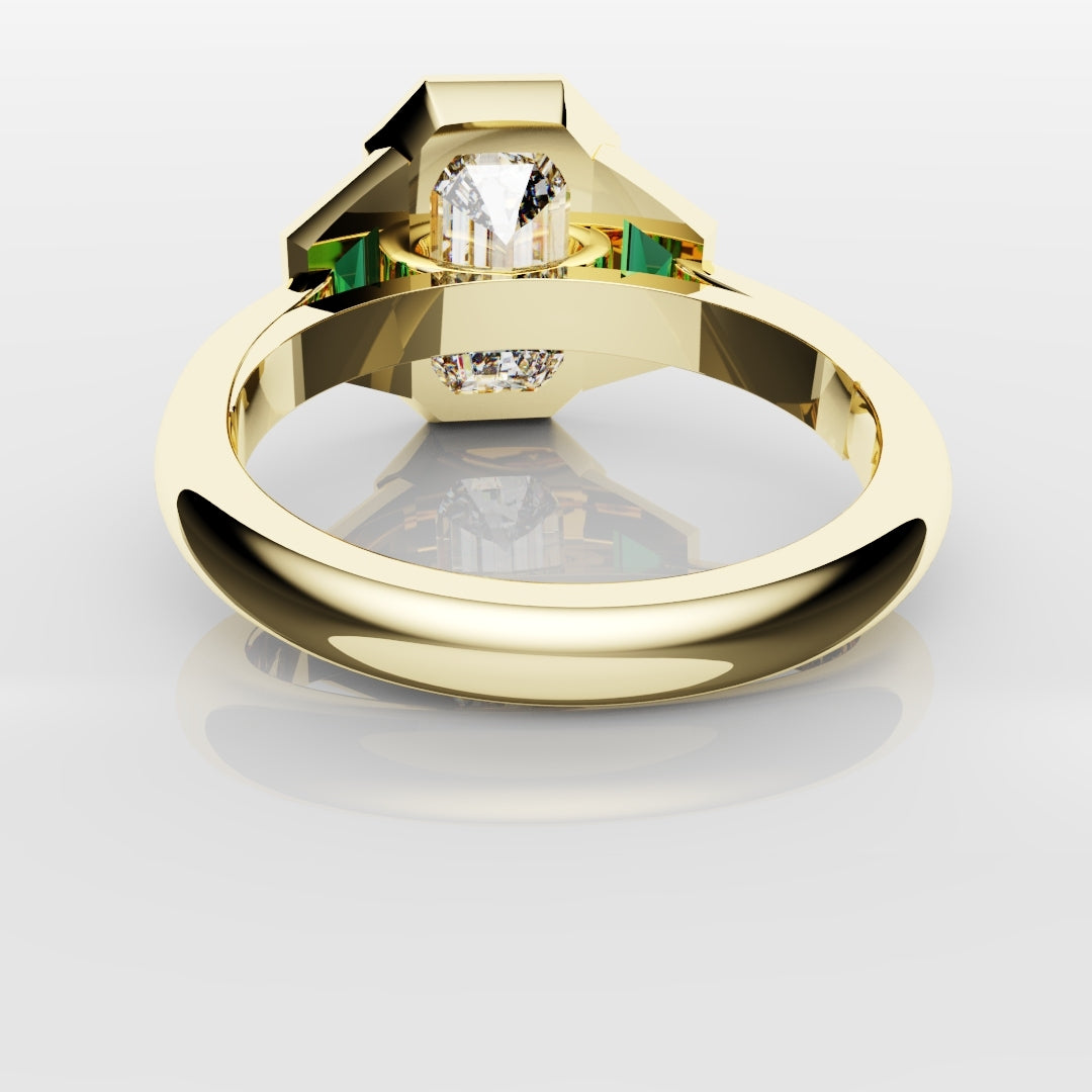 Emerald Cut Trilogy Engagement Ring With Green Emerald Trapezoids