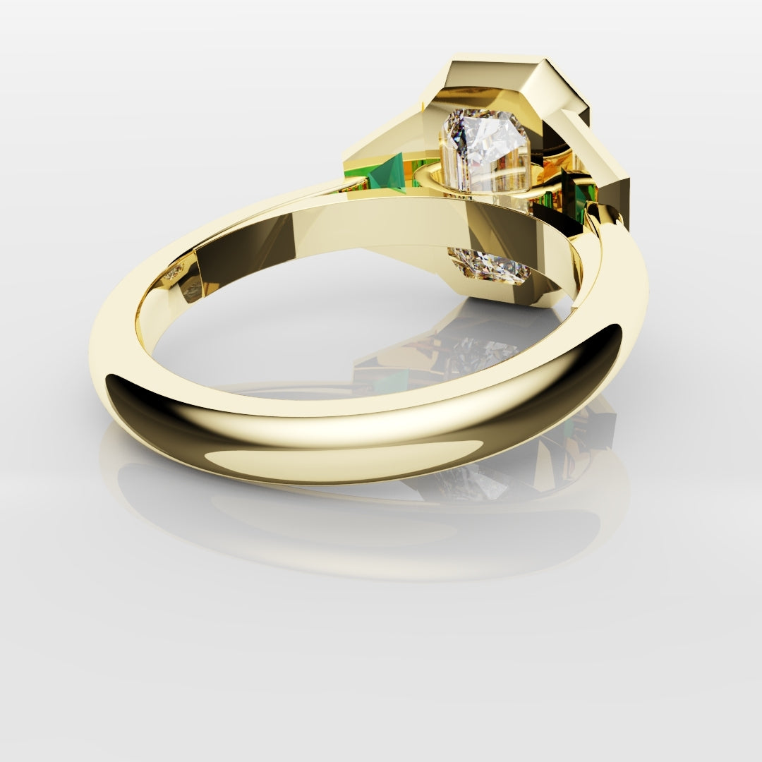 Emerald Cut Trilogy Engagement Ring With Green Emerald Trapezoids