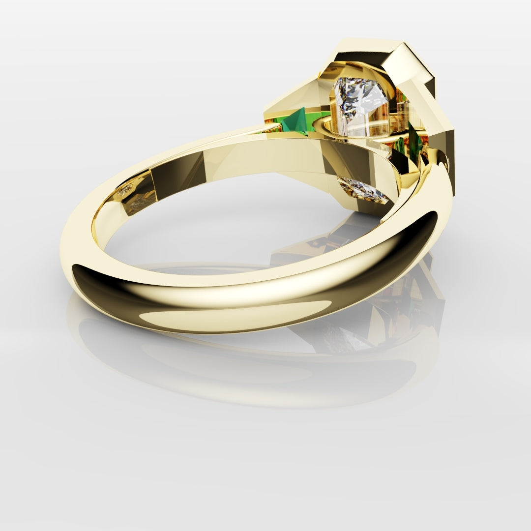 Emerald Cut Trilogy Engagement Ring With Green Emerald Trapezoids