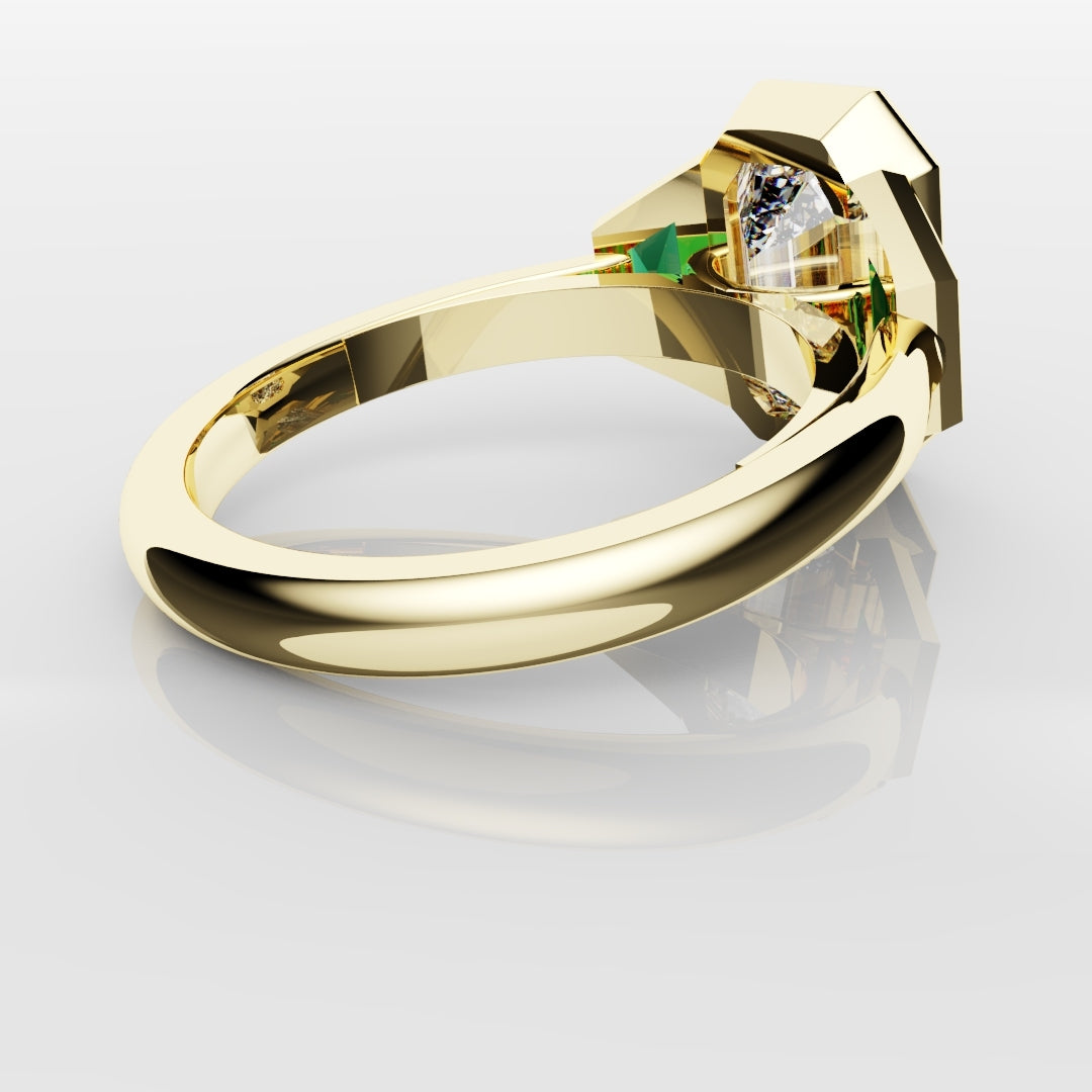 Emerald Cut Trilogy Engagement Ring With Green Emerald Trapezoids