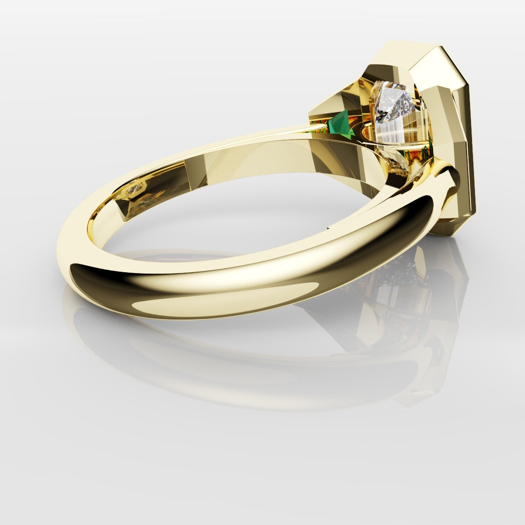 Emerald Cut Trilogy Engagement Ring With Green Emerald Trapezoids