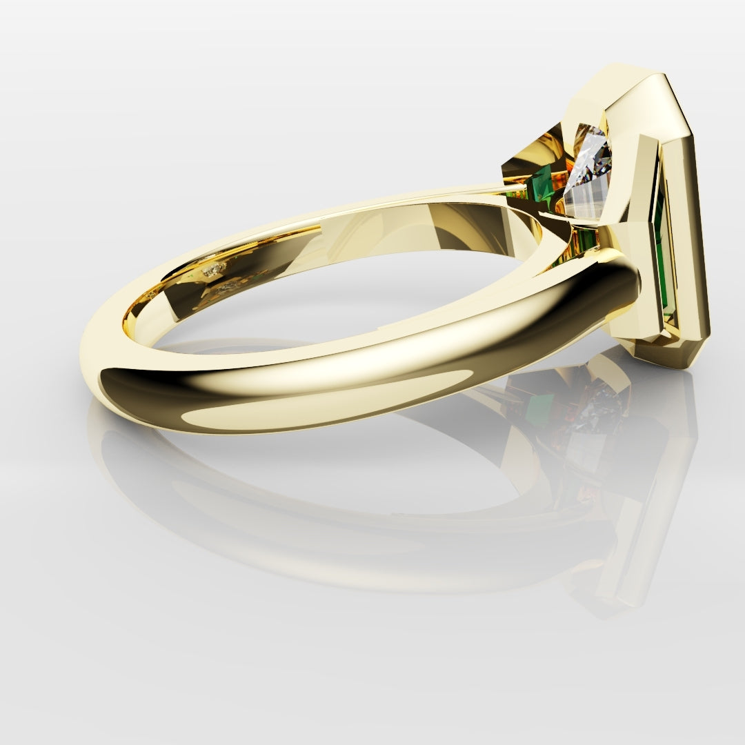 Emerald Cut Trilogy Engagement Ring With Green Emerald Trapezoids