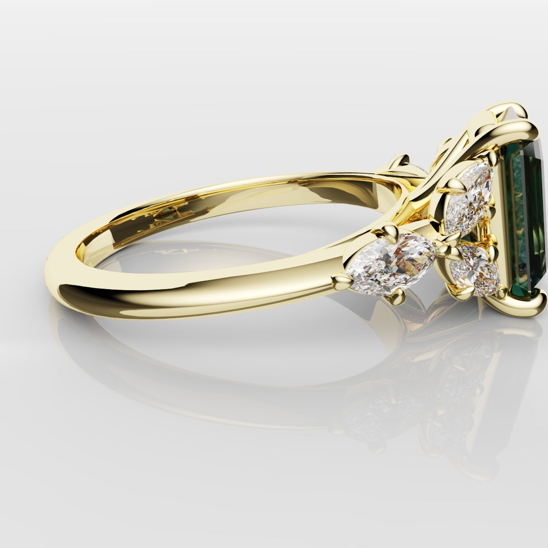 4ct Emerald Cut Teal Sapphire with Marquise Accent Diamonds