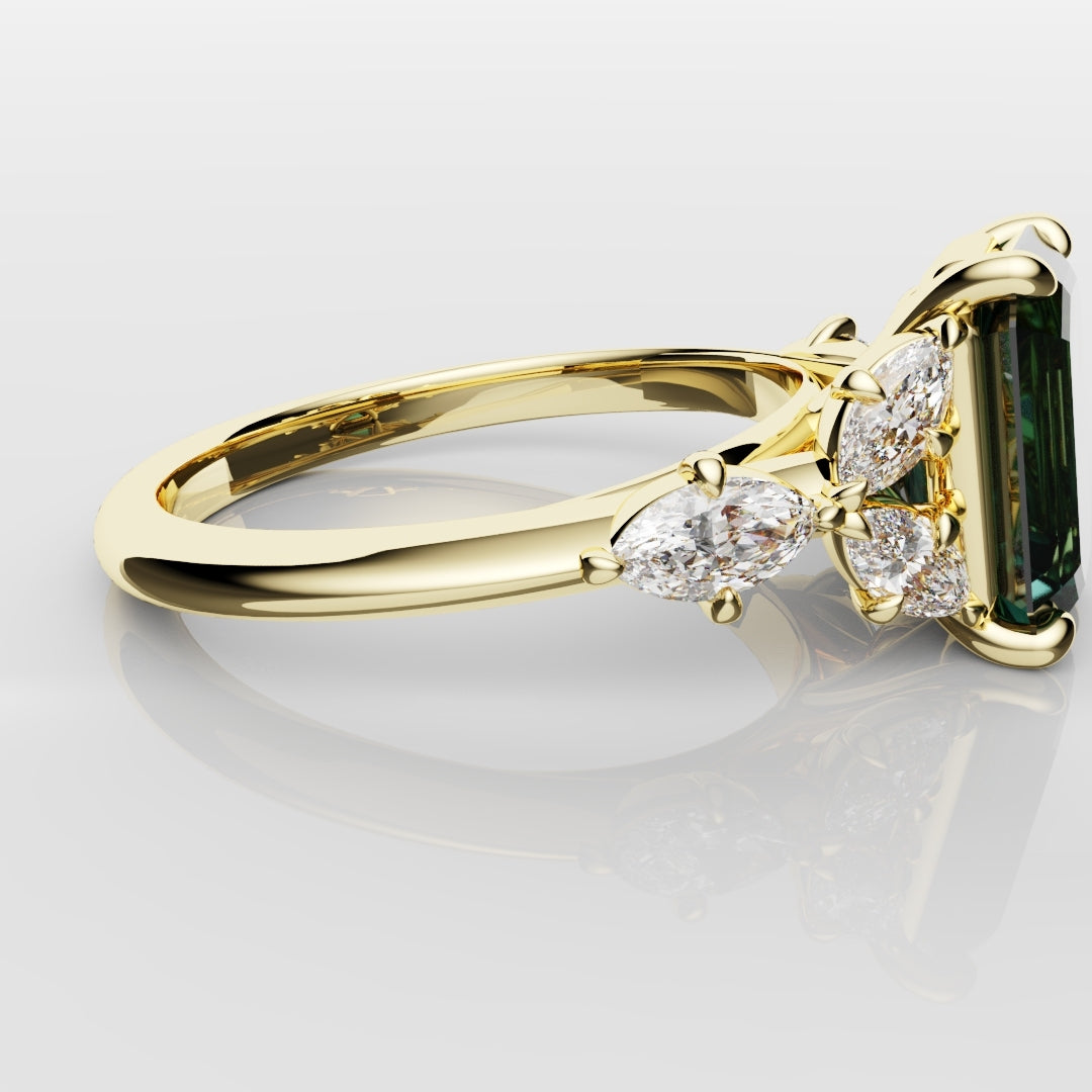 4ct Emerald Cut Teal Sapphire with Marquise Accent Diamonds
