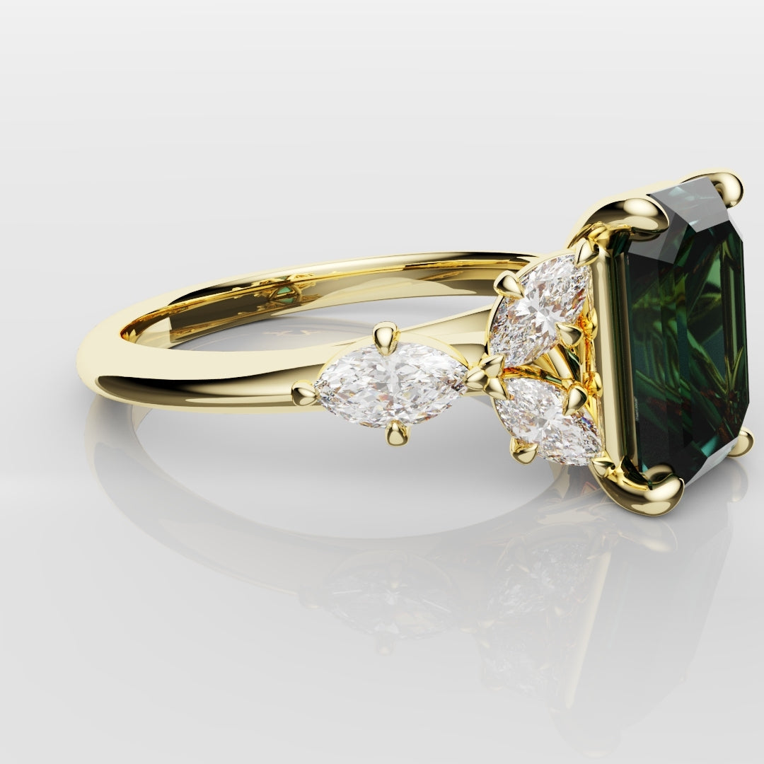 4ct Emerald Cut Teal Sapphire with Marquise Accent Diamonds