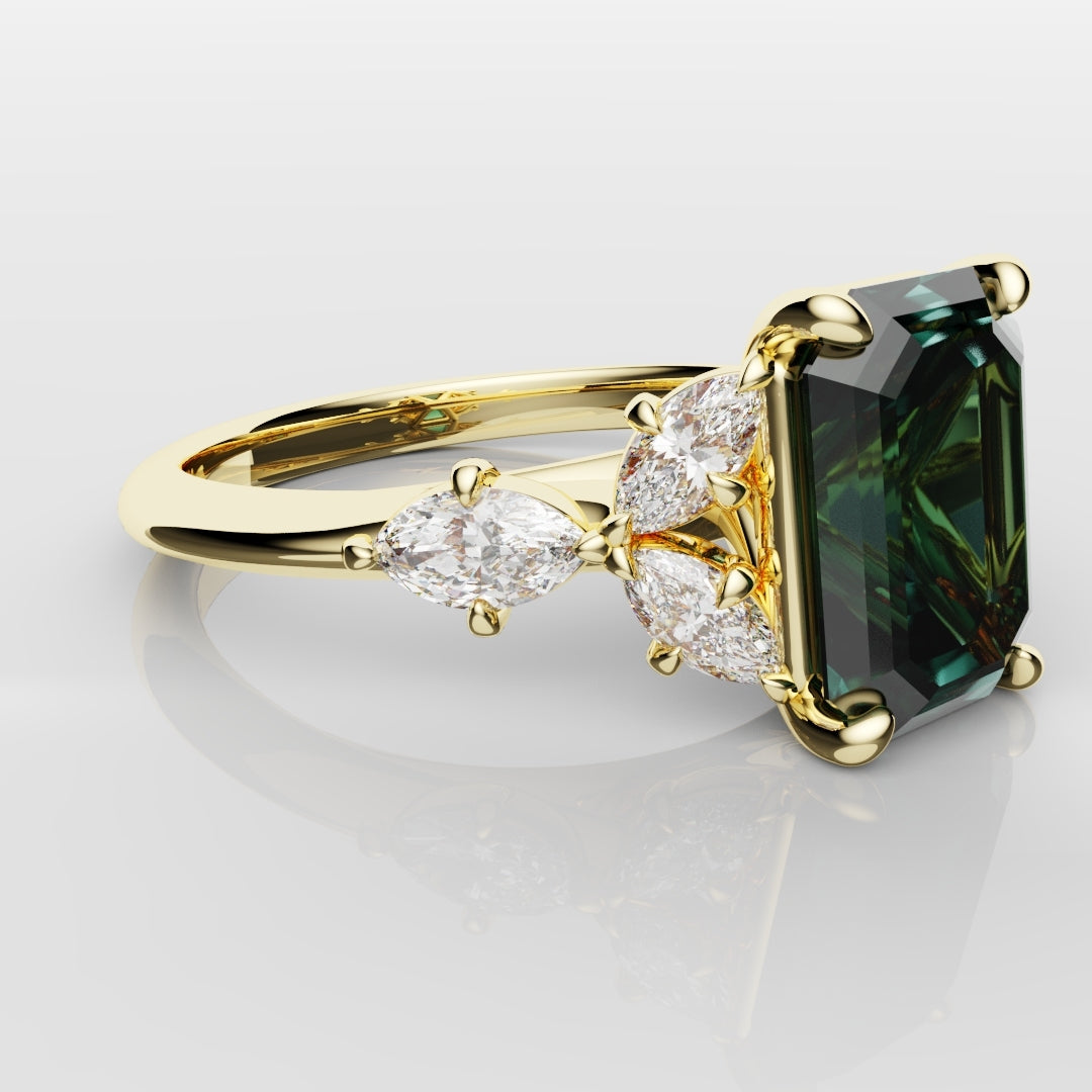 4ct Emerald Cut Teal Sapphire with Marquise Accent Diamonds
