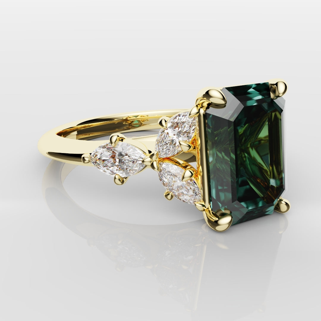 4ct Emerald Cut Teal Sapphire with Marquise Accent Diamonds