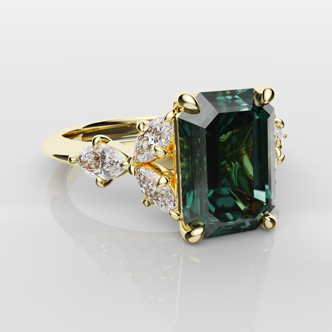 4ct Emerald Cut Teal Sapphire with Marquise Accent Diamonds