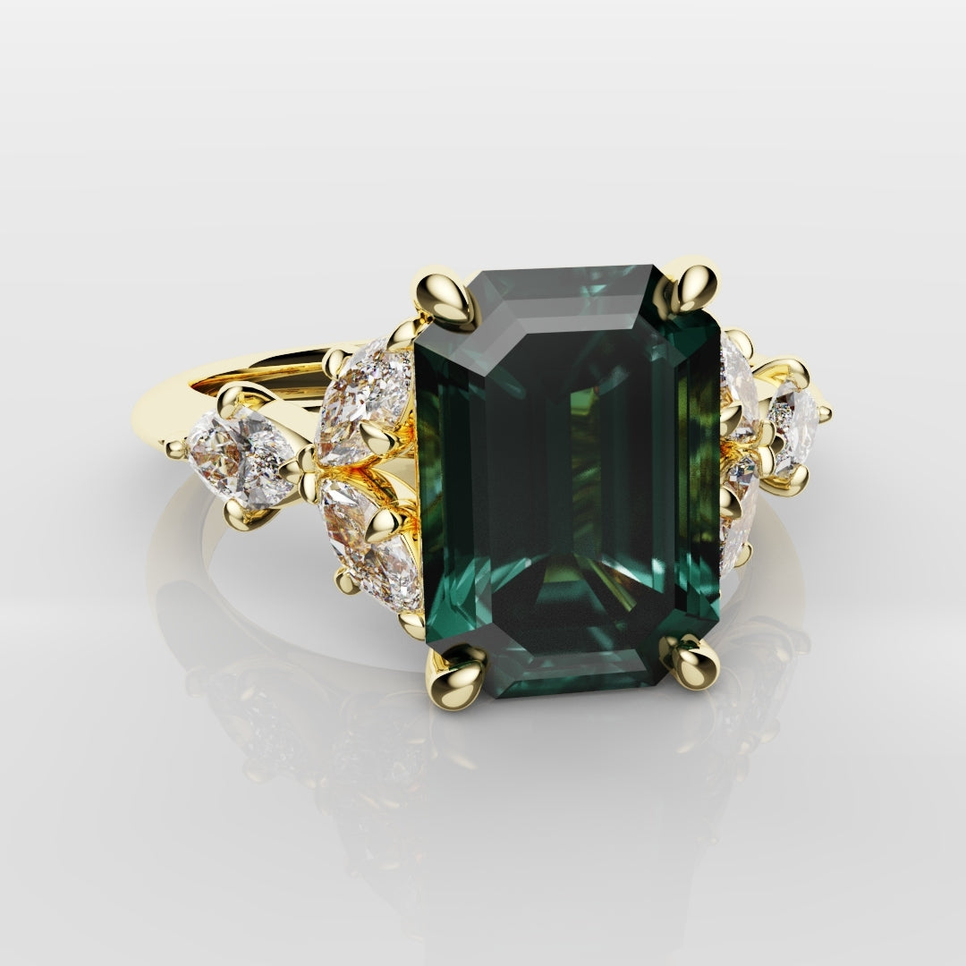 4ct Emerald Cut Teal Sapphire with Marquise Accent Diamonds