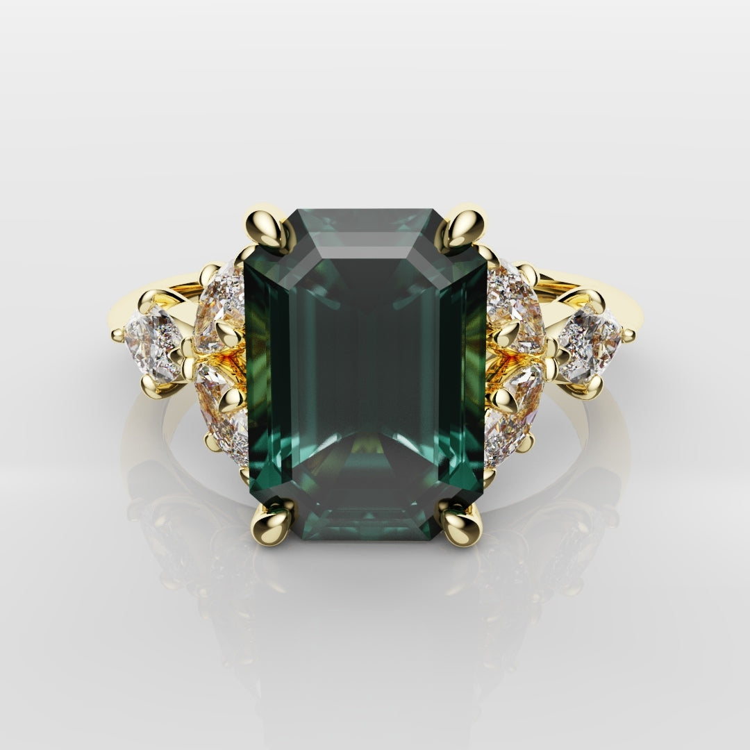 4ct Emerald Cut Teal Sapphire with Marquise Accent Diamonds
