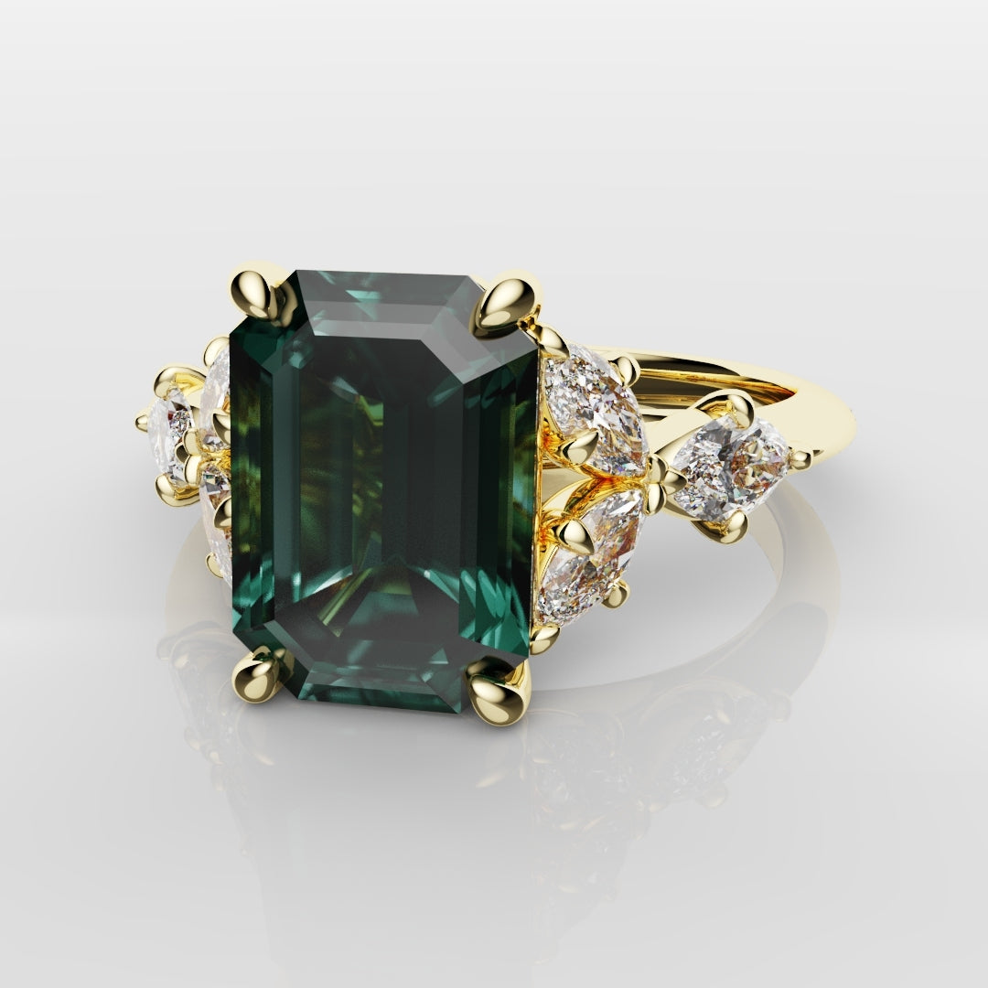 4ct Emerald Cut Teal Sapphire with Marquise Accent Diamonds