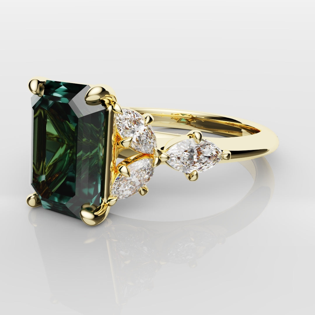 4ct Emerald Cut Teal Sapphire with Marquise Accent Diamonds