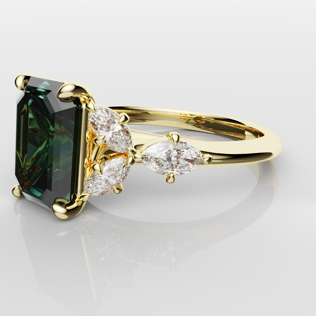 4ct Emerald Cut Teal Sapphire with Marquise Accent Diamonds