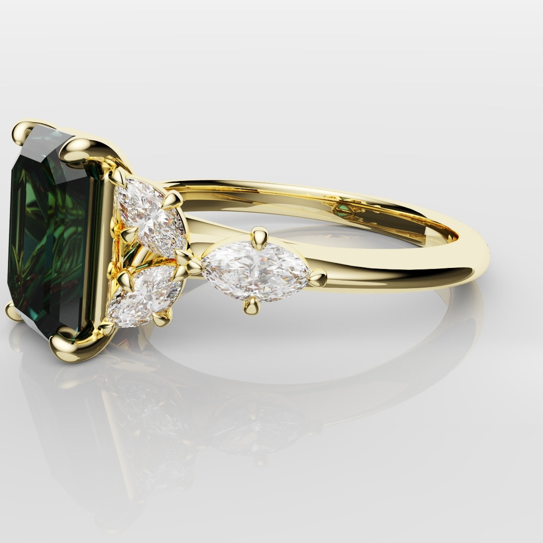 4ct Emerald Cut Teal Sapphire with Marquise Accent Diamonds