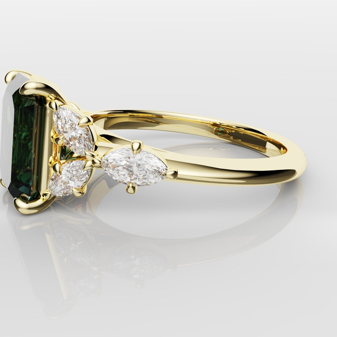 4ct Emerald Cut Teal Sapphire with Marquise Accent Diamonds