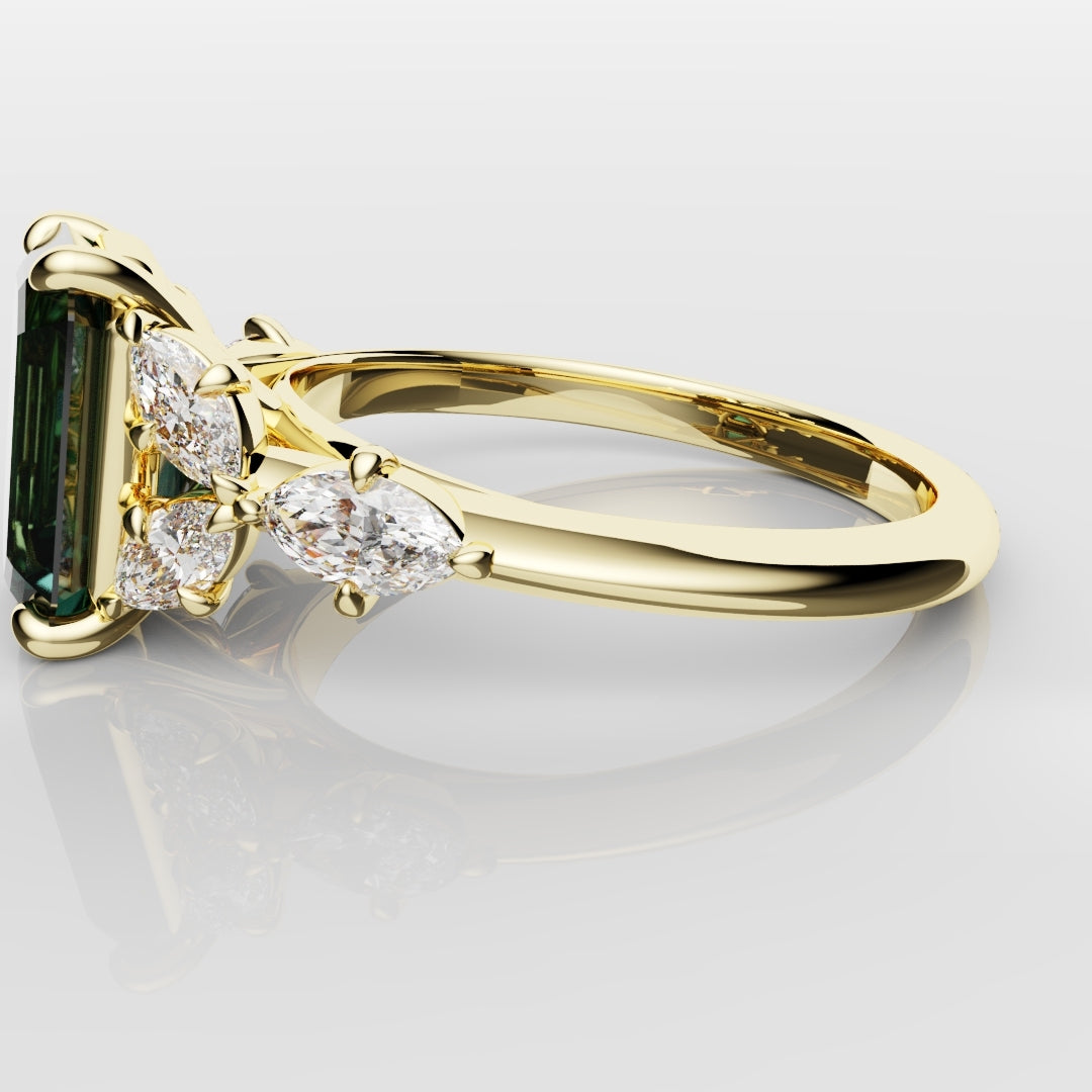 4ct Emerald Cut Teal Sapphire with Marquise Accent Diamonds