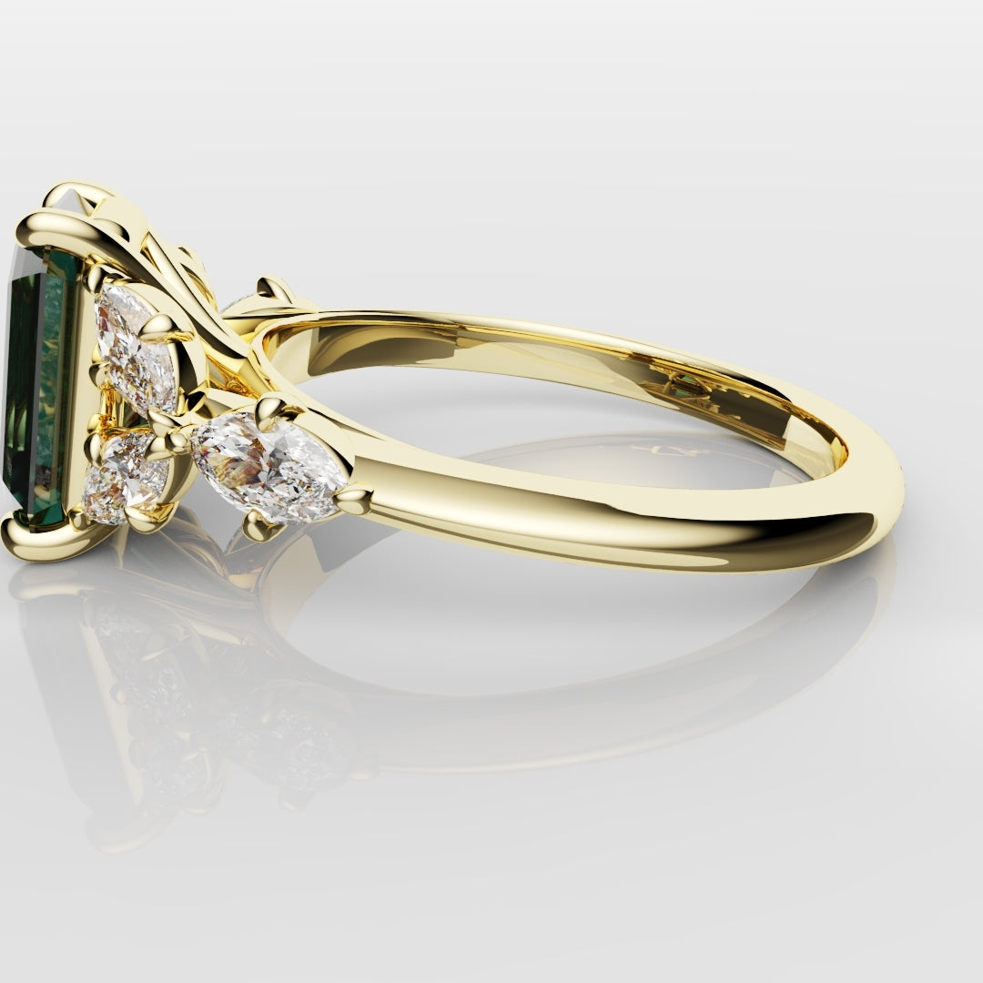 4ct Emerald Cut Teal Sapphire with Marquise Accent Diamonds