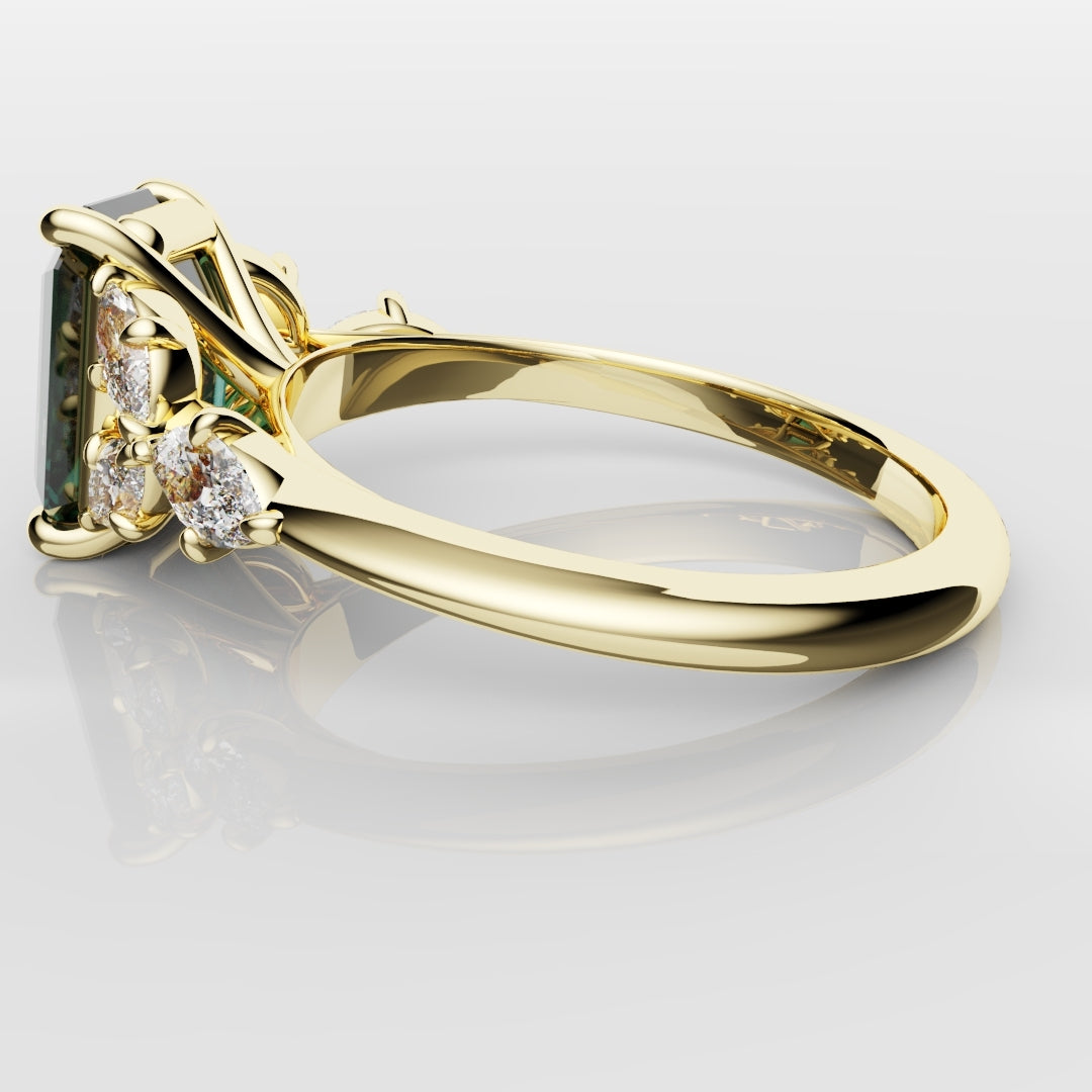 4ct Emerald Cut Teal Sapphire with Marquise Accent Diamonds