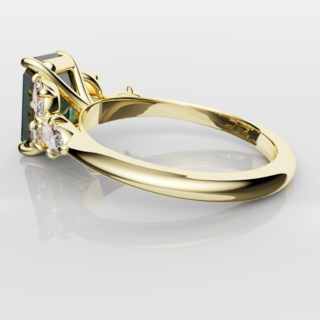 4ct Emerald Cut Teal Sapphire with Marquise Accent Diamonds