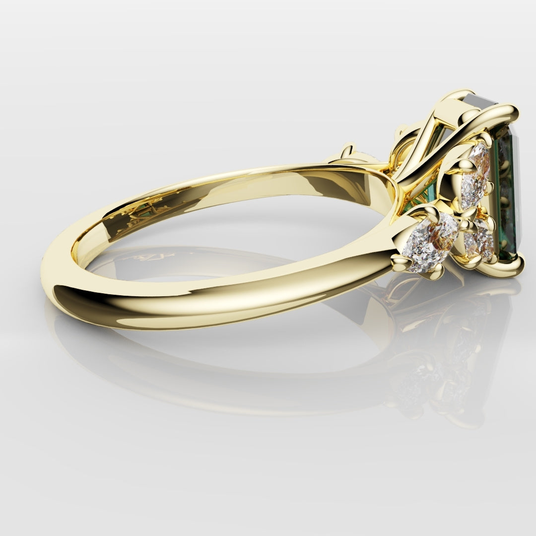 4ct Emerald Cut Teal Sapphire with Marquise Accent Diamonds