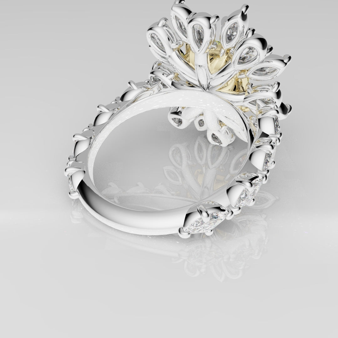 Bespoke radiant yellow diamond engagement ring with pear and marquise halo cluster, crafted in platinum by Hyde Park Design London.