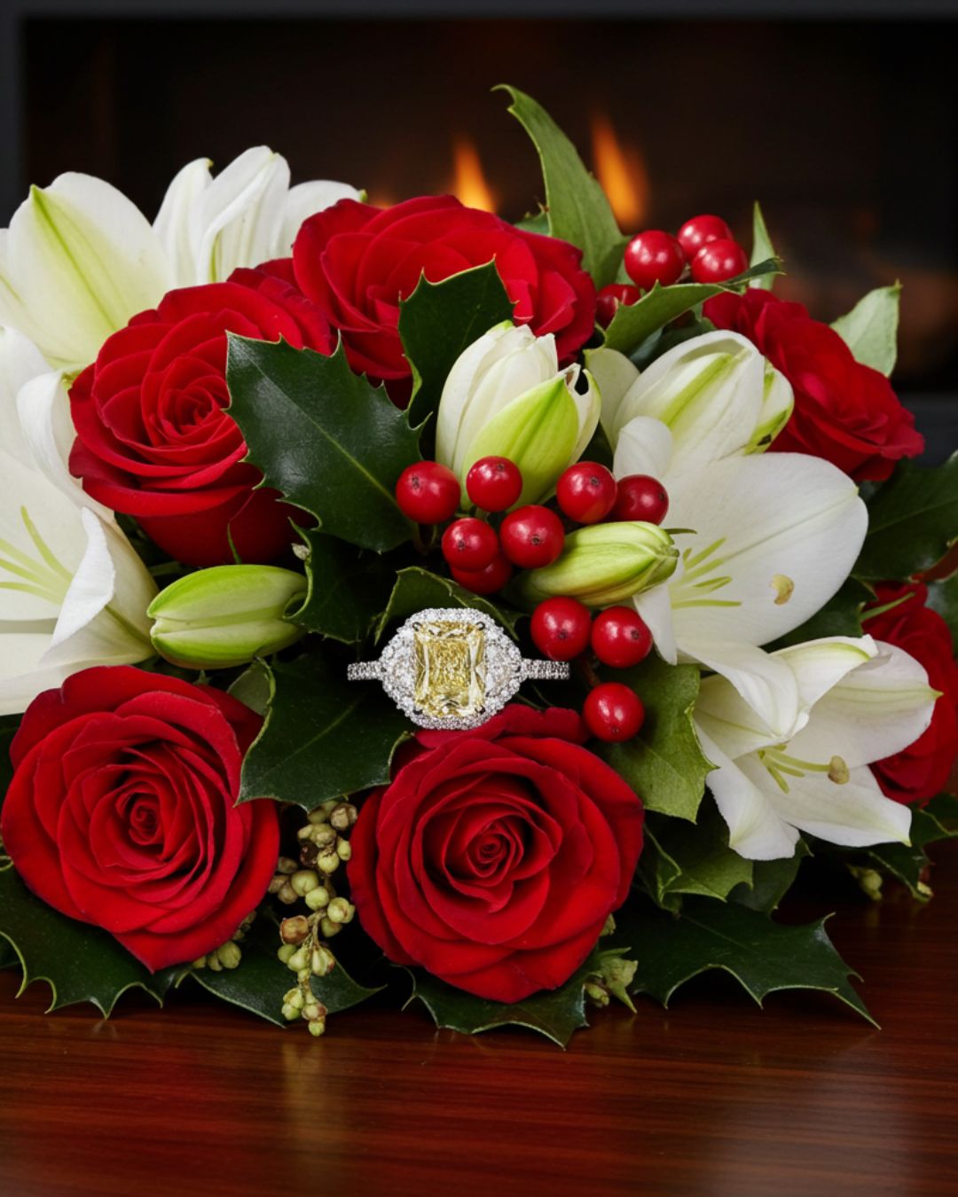 Radiant cut fancy yellow diamond engagement ring with half-moon diamonds and a diamond halo, styled inside a red rose with Christmas greenery, berries and pine cones — bespoke festive engagement ring by Hyde Park Design