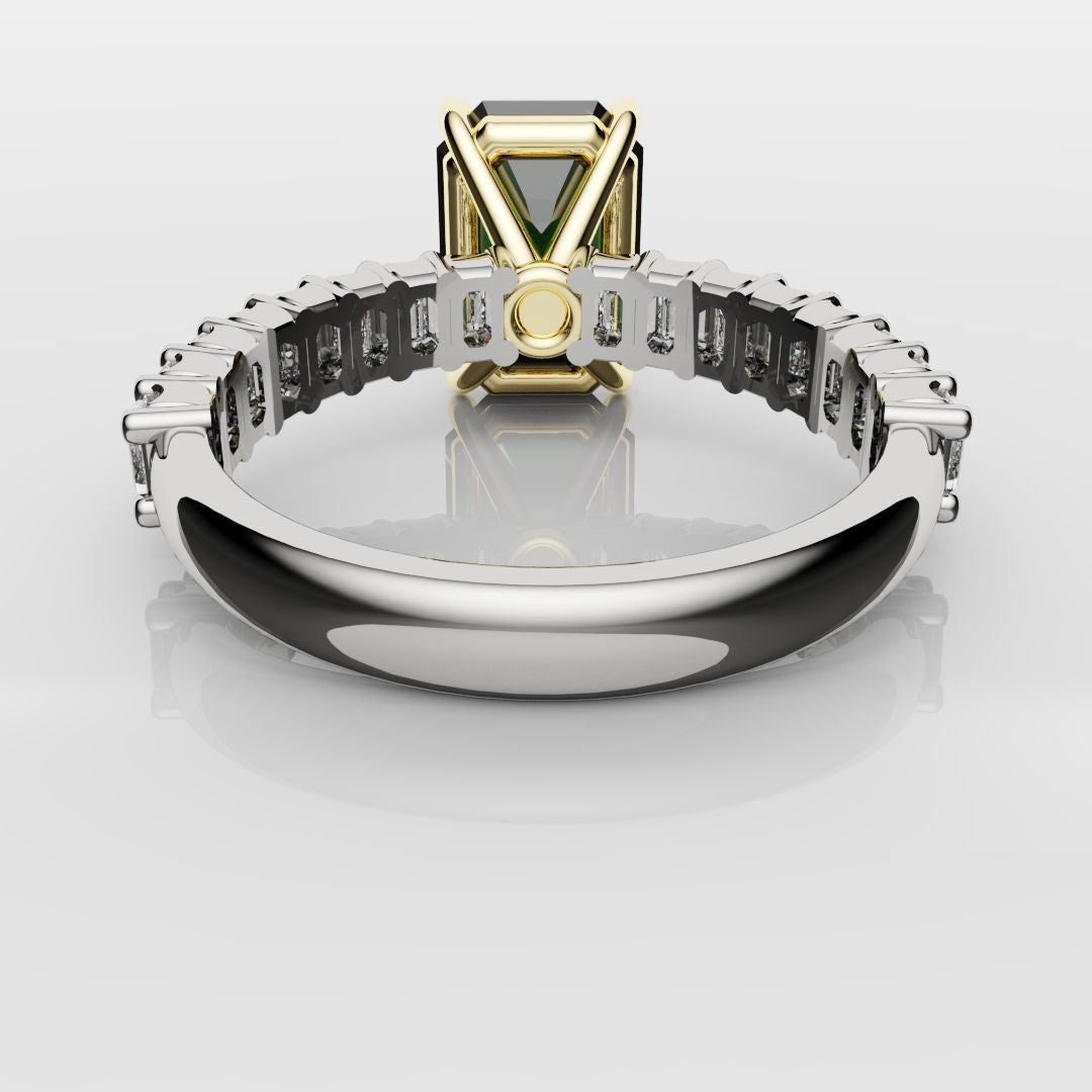 Green Emerald Engagement Ring With Emerald Cut Shoulder Diamonds