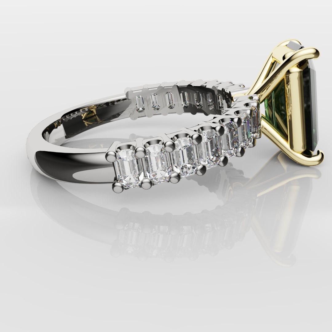 Green Emerald Engagement Ring With Emerald Cut Shoulder Diamonds