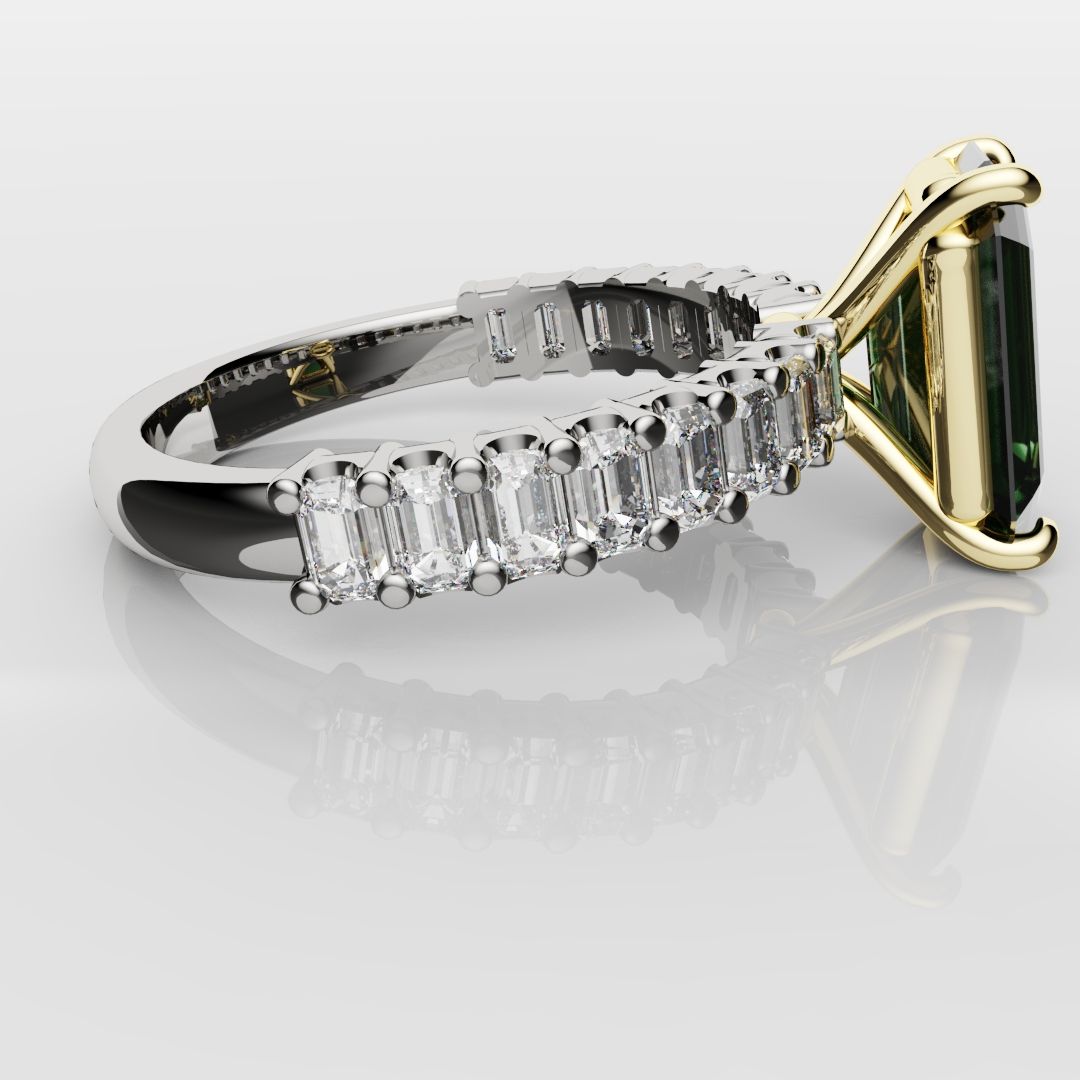 Green Emerald Engagement Ring With Emerald Cut Shoulder Diamonds