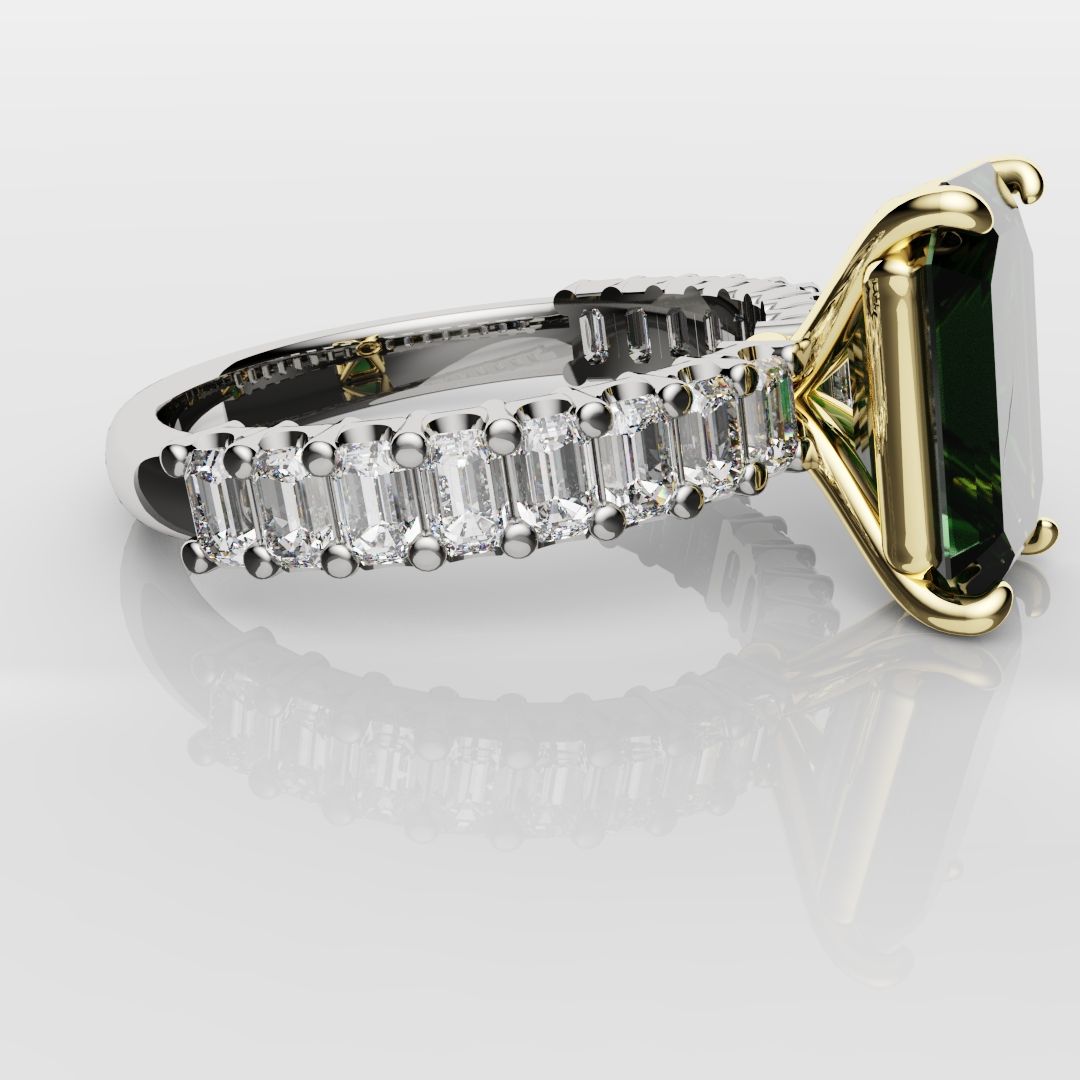 Green Emerald Engagement Ring With Emerald Cut Shoulder Diamonds
