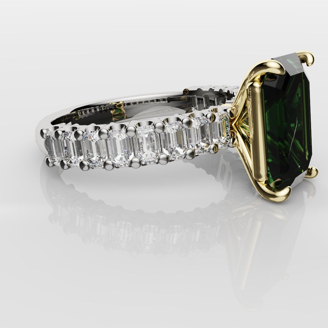 Green Emerald Engagement Ring With Emerald Cut Shoulder Diamonds