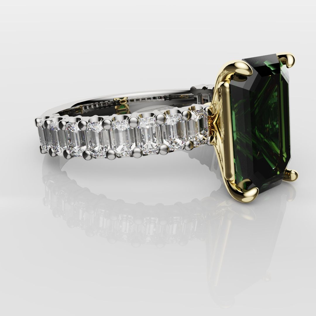 Green Emerald Engagement Ring With Emerald Cut Shoulder Diamonds