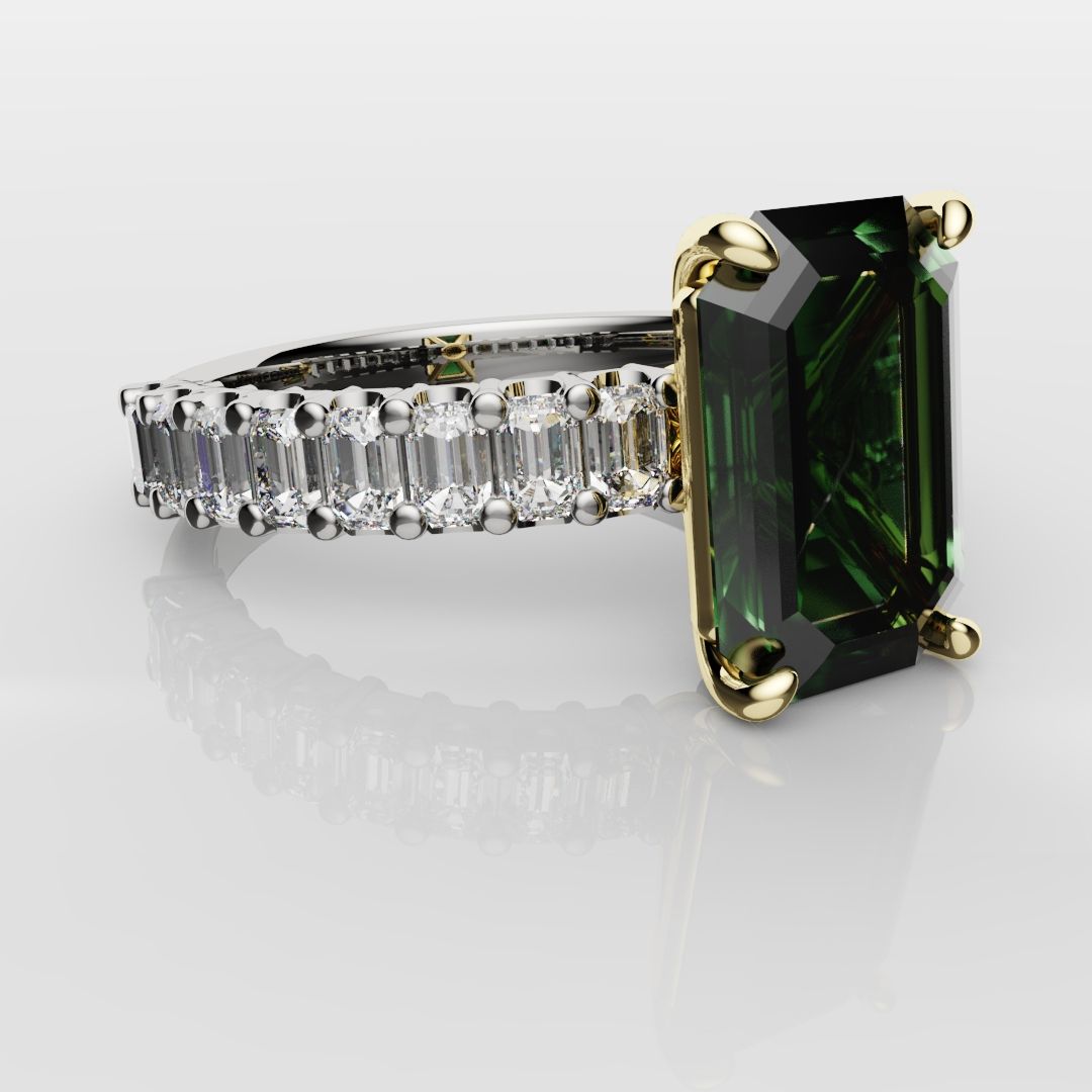 Green Emerald Engagement Ring With Emerald Cut Shoulder Diamonds