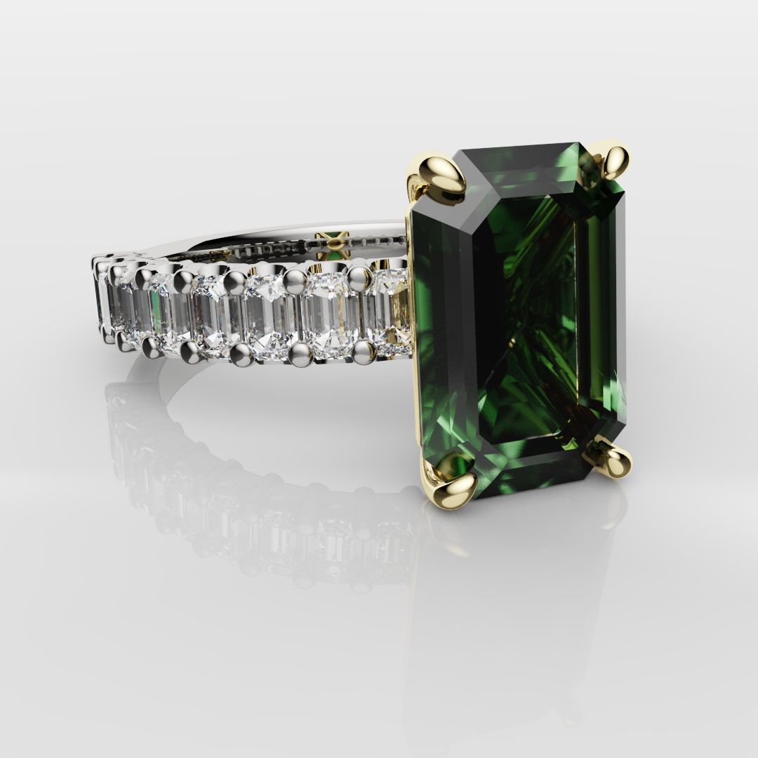 Green Emerald Engagement Ring With Emerald Cut Shoulder Diamonds