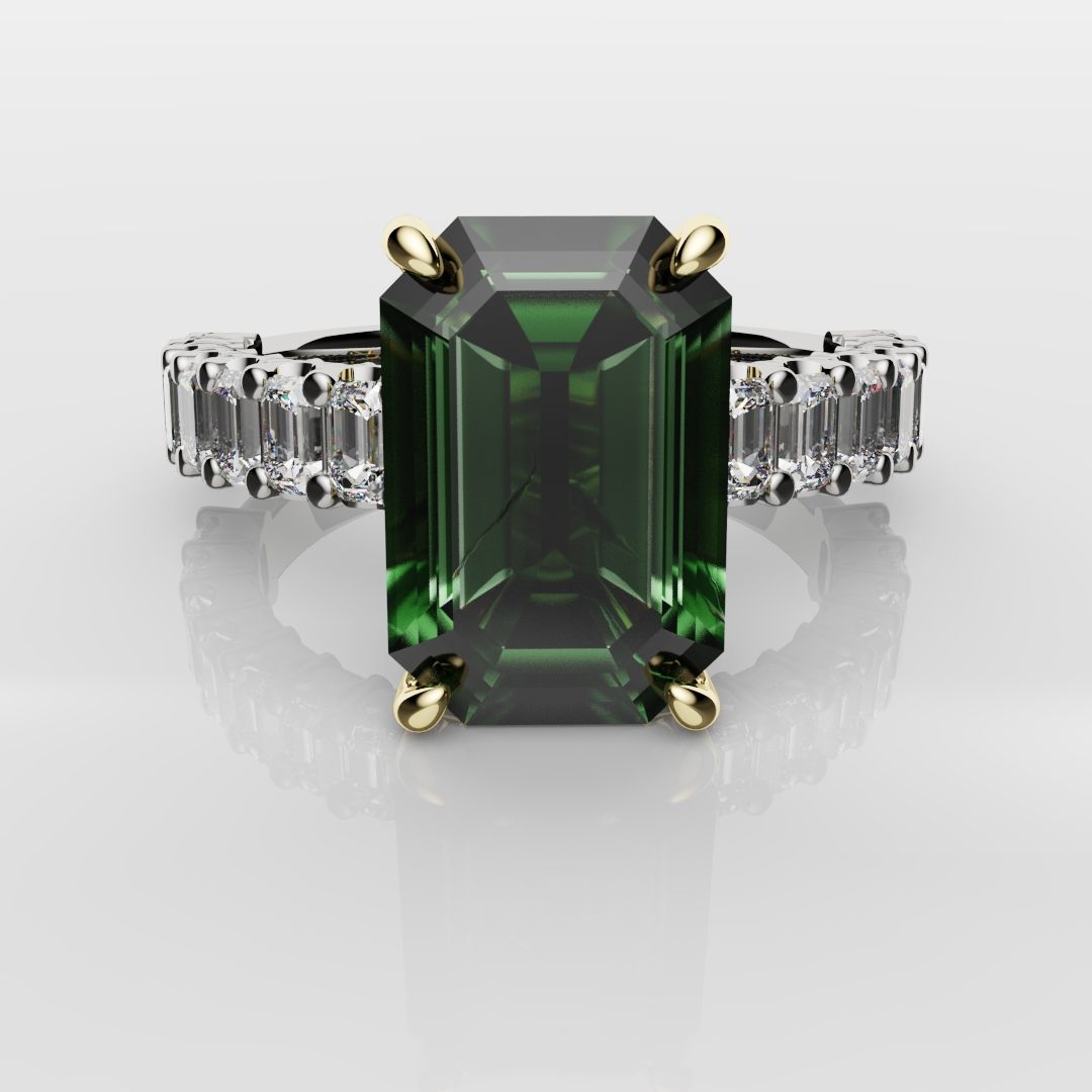 Green Emerald Engagement Ring With Emerald Cut Shoulder Diamonds