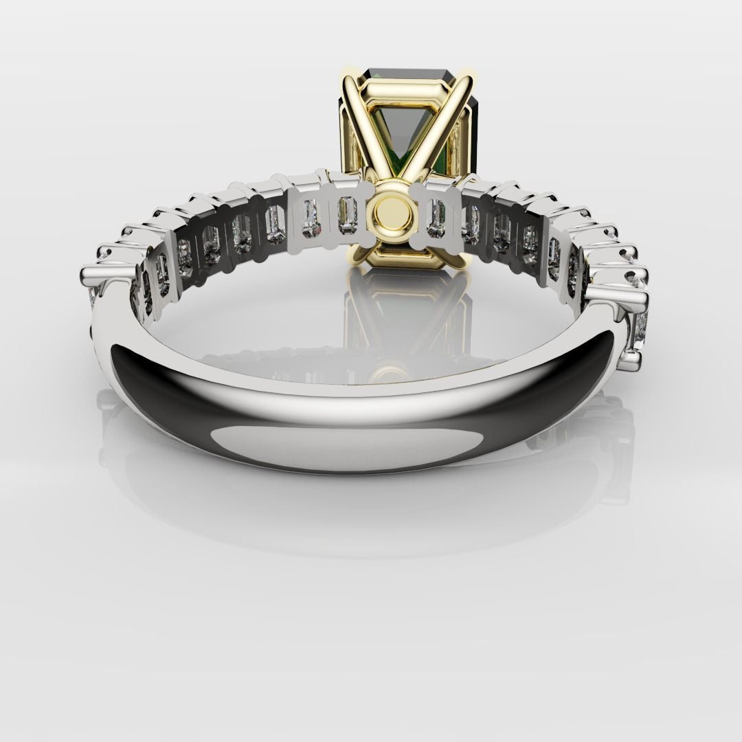 Green Emerald Engagement Ring With Emerald Cut Shoulder Diamonds
