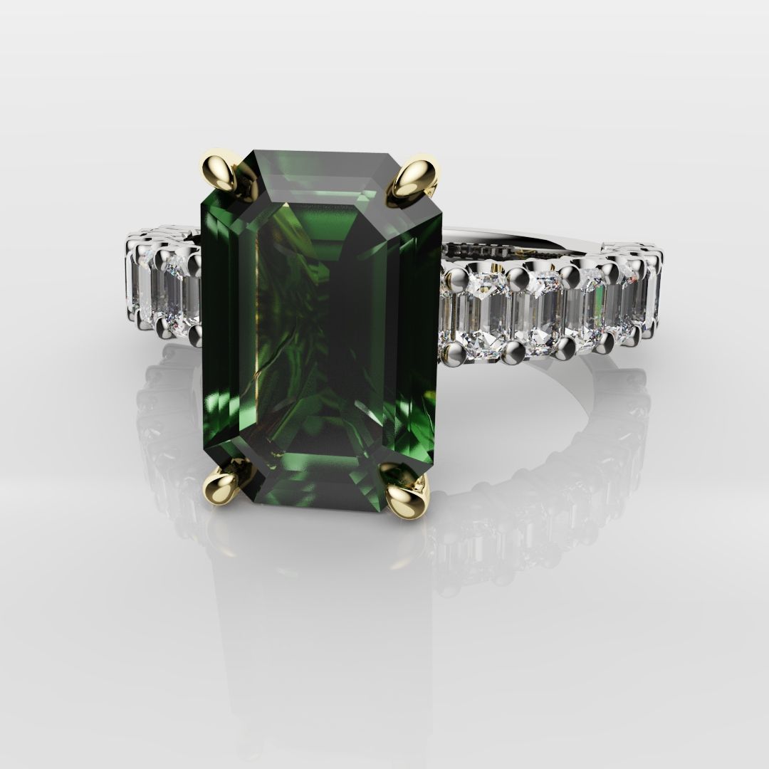 Green Emerald Engagement Ring With Emerald Cut Shoulder Diamonds
