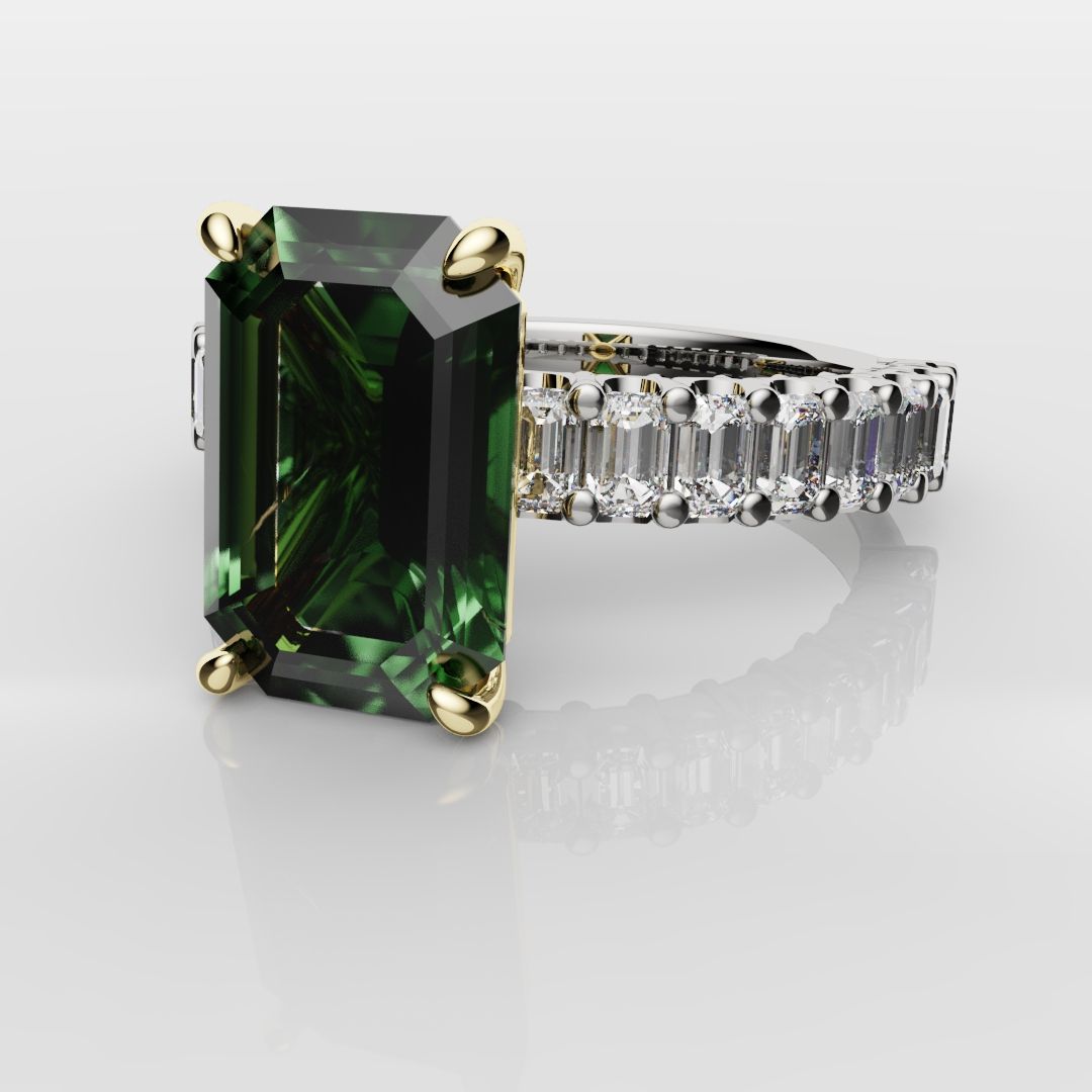 Green Emerald Engagement Ring With Emerald Cut Shoulder Diamonds