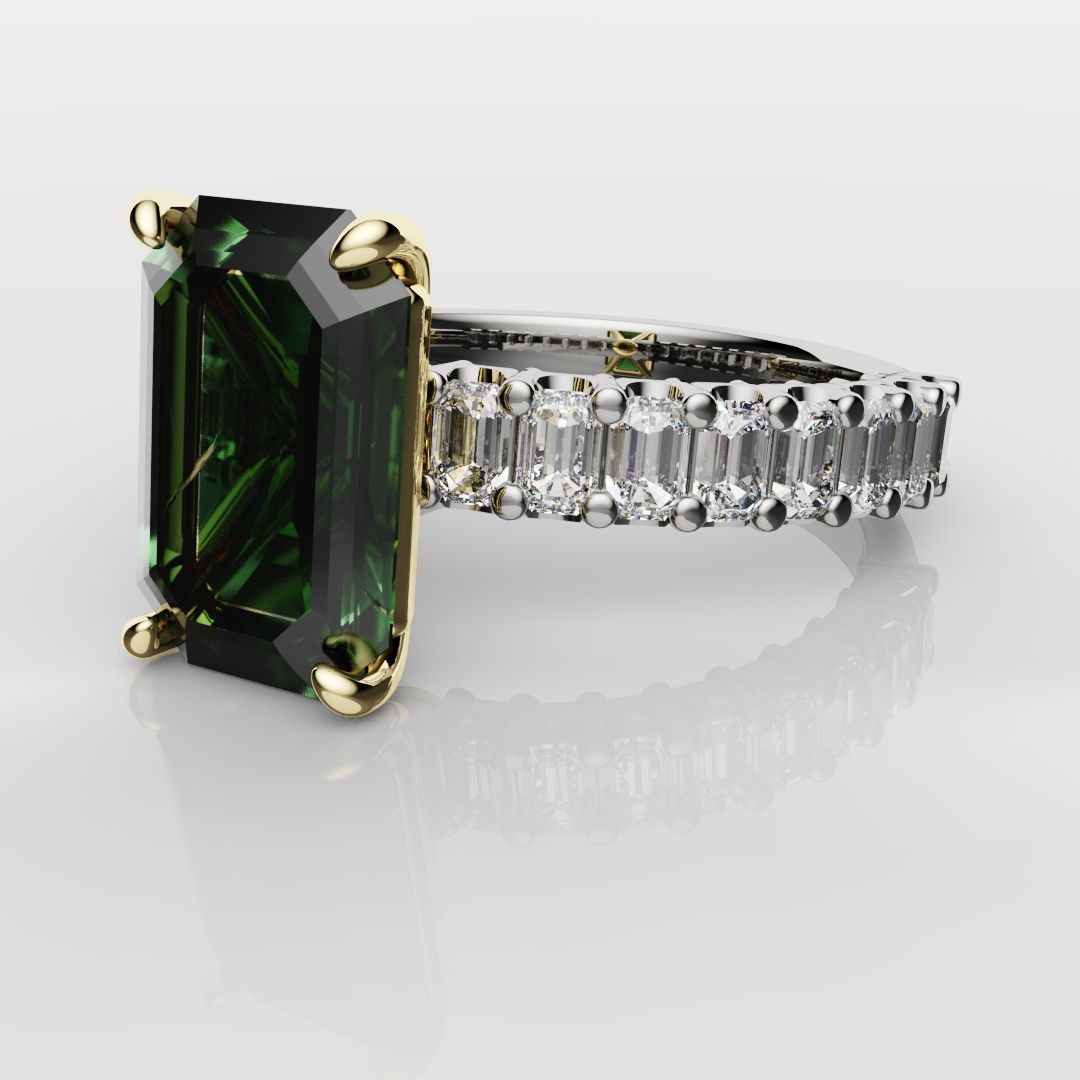 Green Emerald Engagement Ring With Emerald Cut Shoulder Diamonds