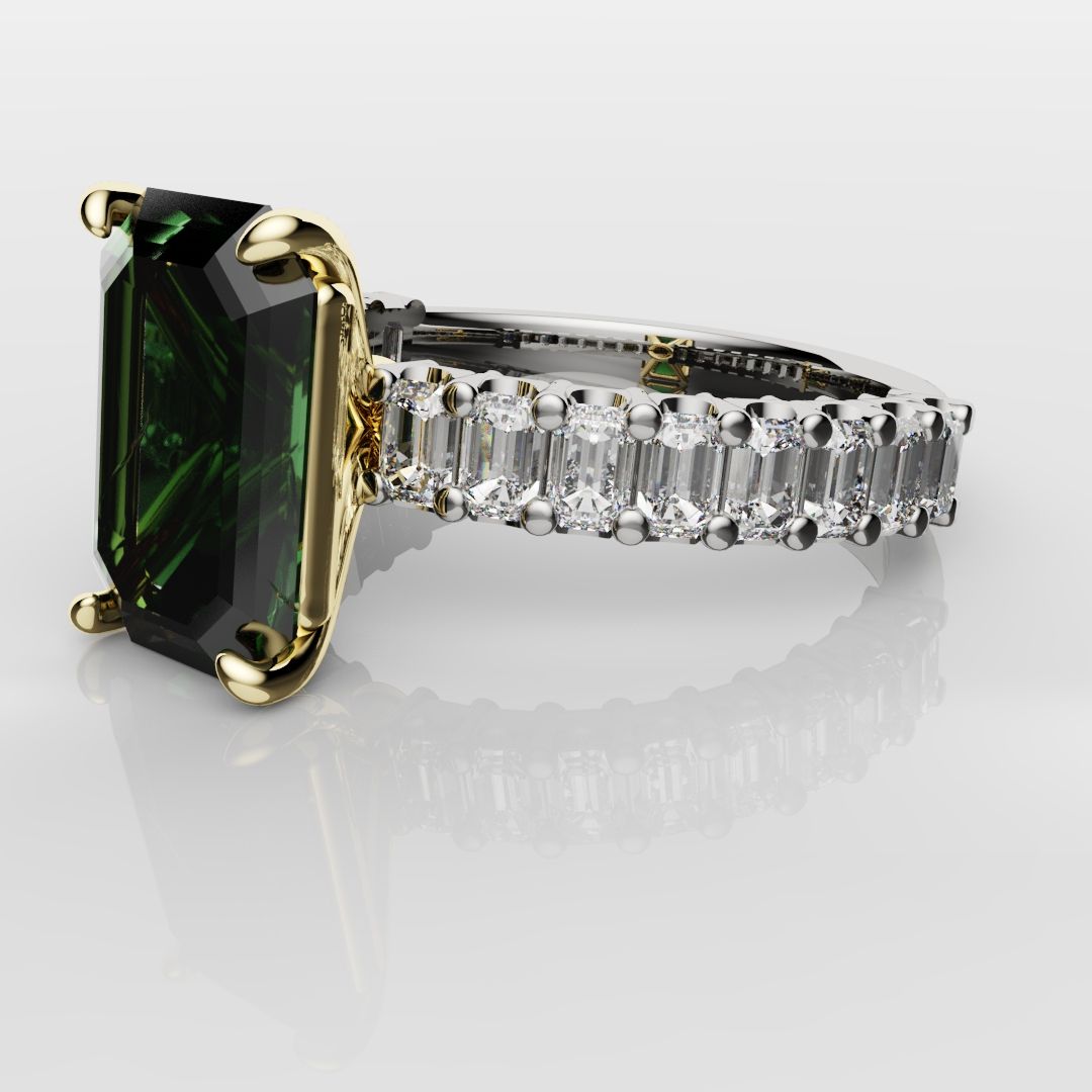 Green Emerald Engagement Ring With Emerald Cut Shoulder Diamonds