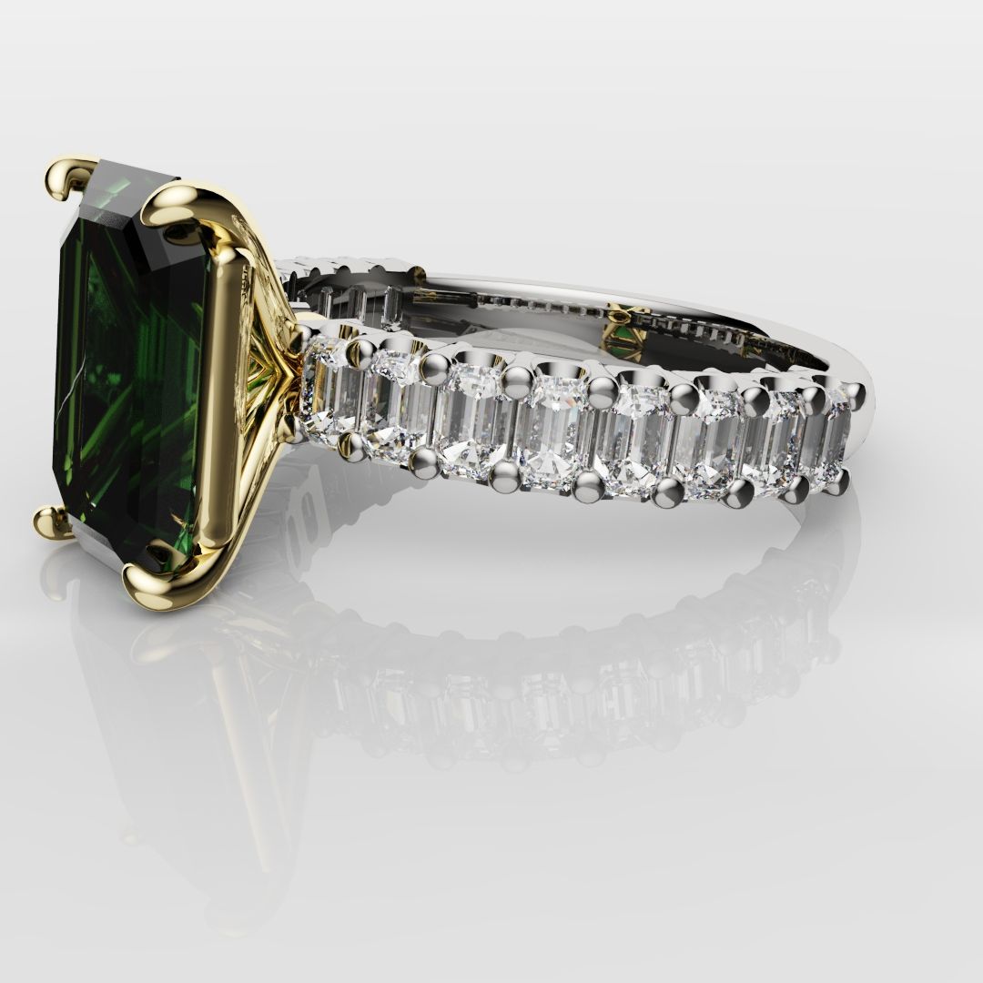 Green Emerald Engagement Ring With Emerald Cut Shoulder Diamonds