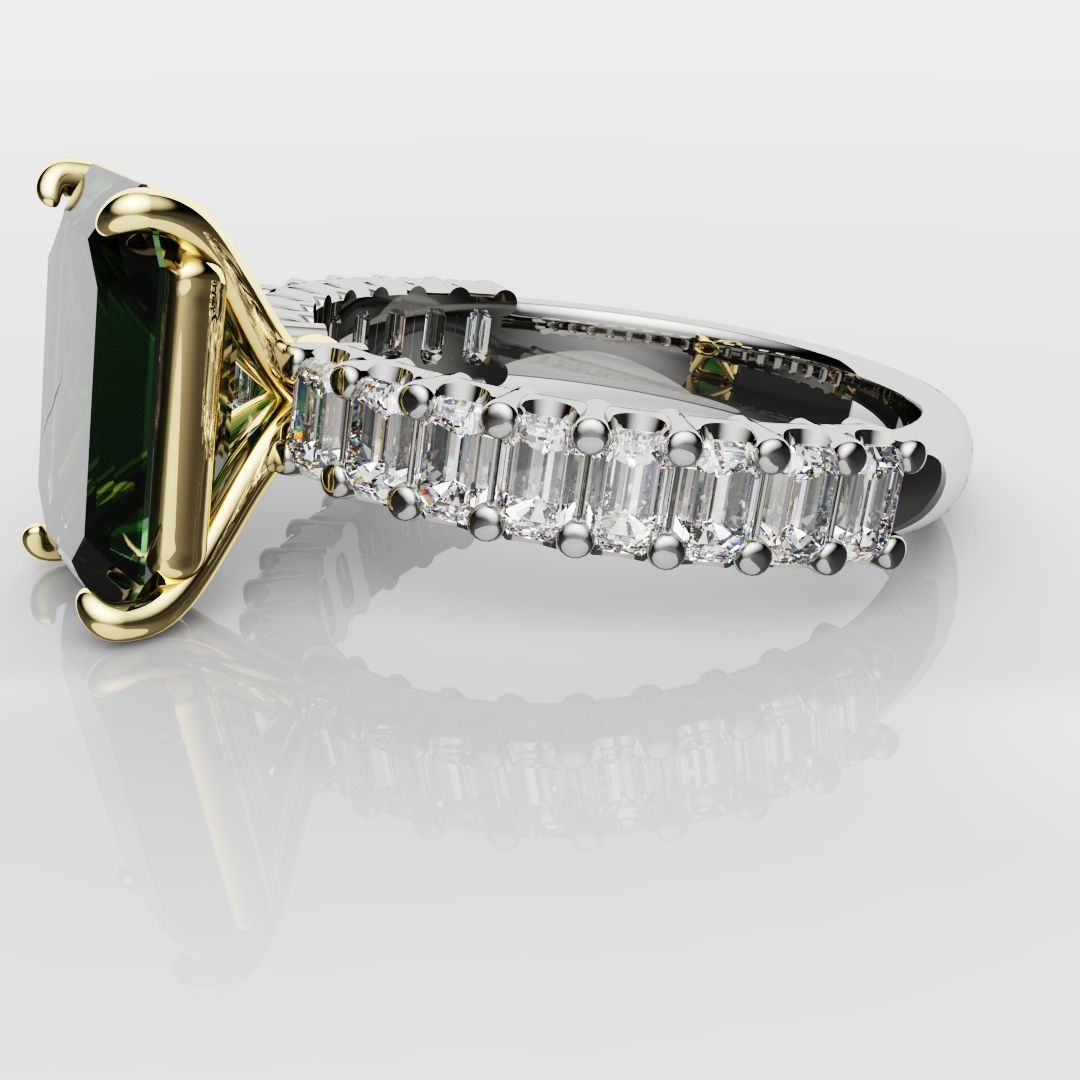 Green Emerald Engagement Ring With Emerald Cut Shoulder Diamonds