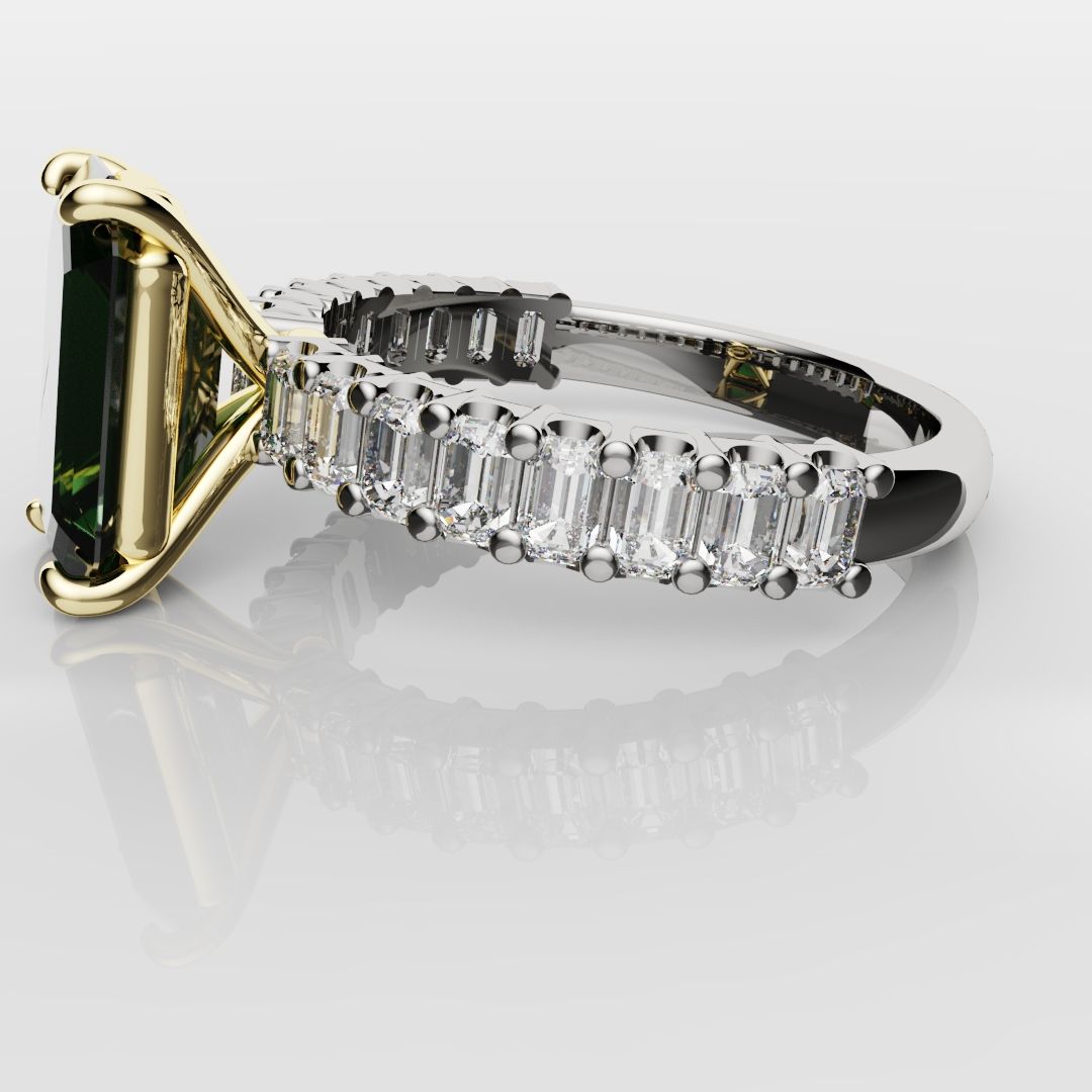 Green Emerald Engagement Ring With Emerald Cut Shoulder Diamonds