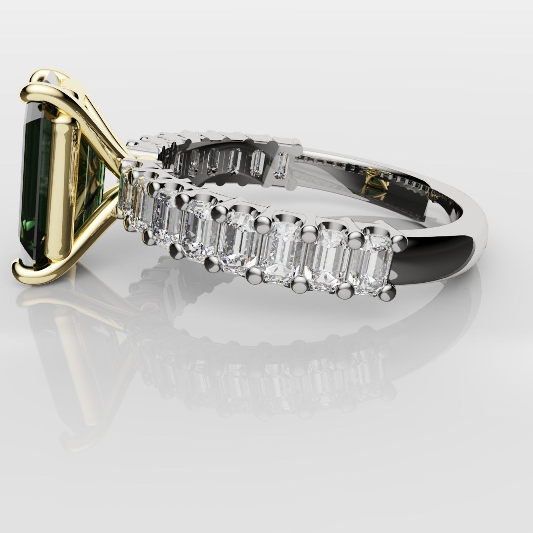 Green Emerald Engagement Ring With Emerald Cut Shoulder Diamonds