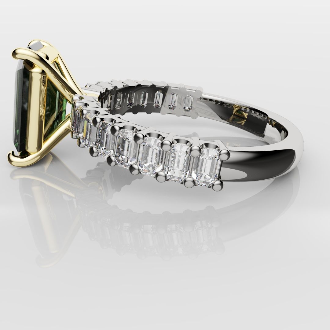 Green Emerald Engagement Ring With Emerald Cut Shoulder Diamonds