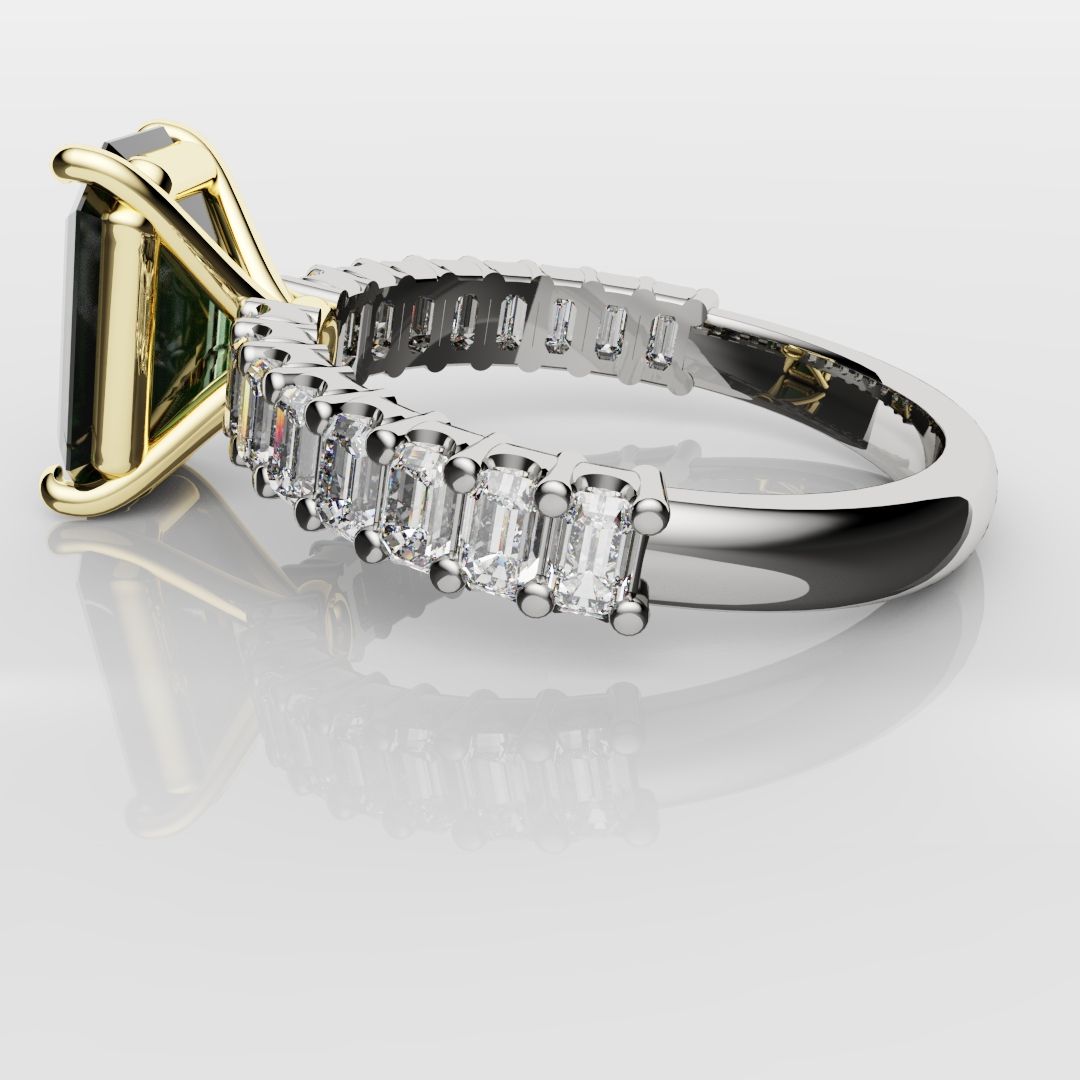 Green Emerald Engagement Ring With Emerald Cut Shoulder Diamonds