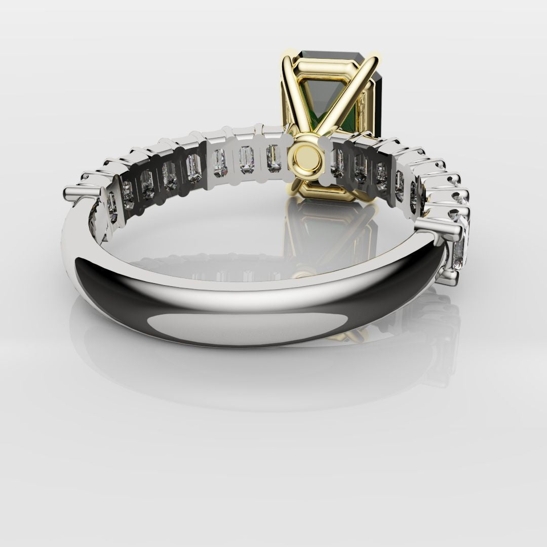 Green Emerald Engagement Ring With Emerald Cut Shoulder Diamonds