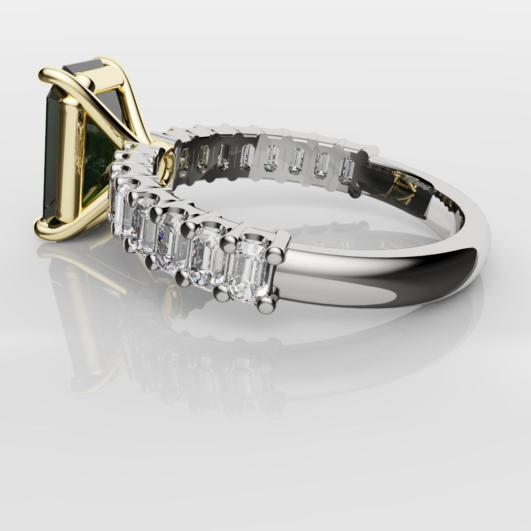 Green Emerald Engagement Ring With Emerald Cut Shoulder Diamonds